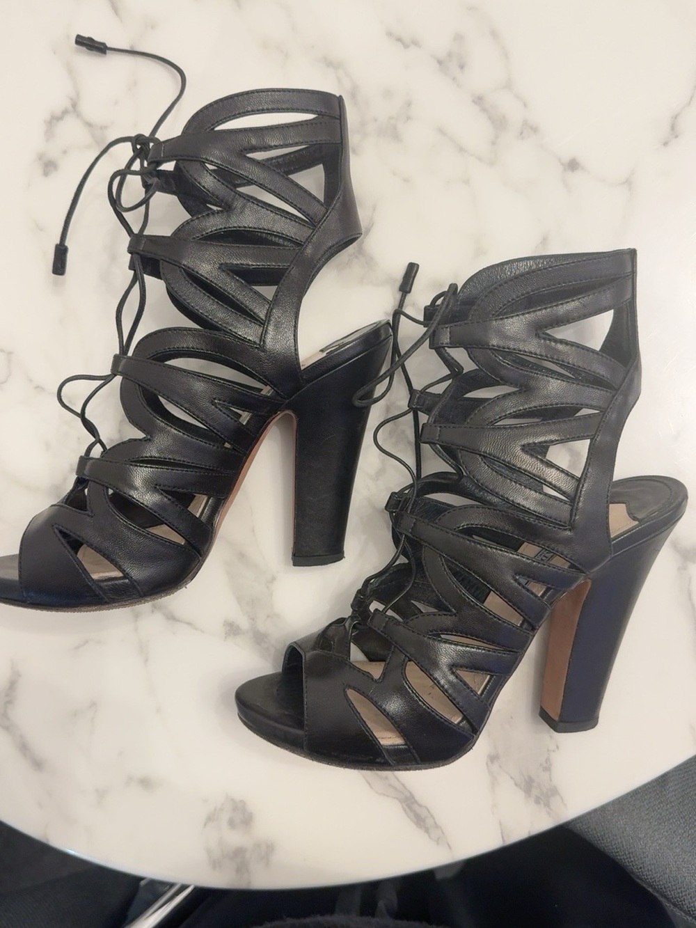 PRADA Black Leather Lace Up Cage Gladiator Heels 37.5 Italy